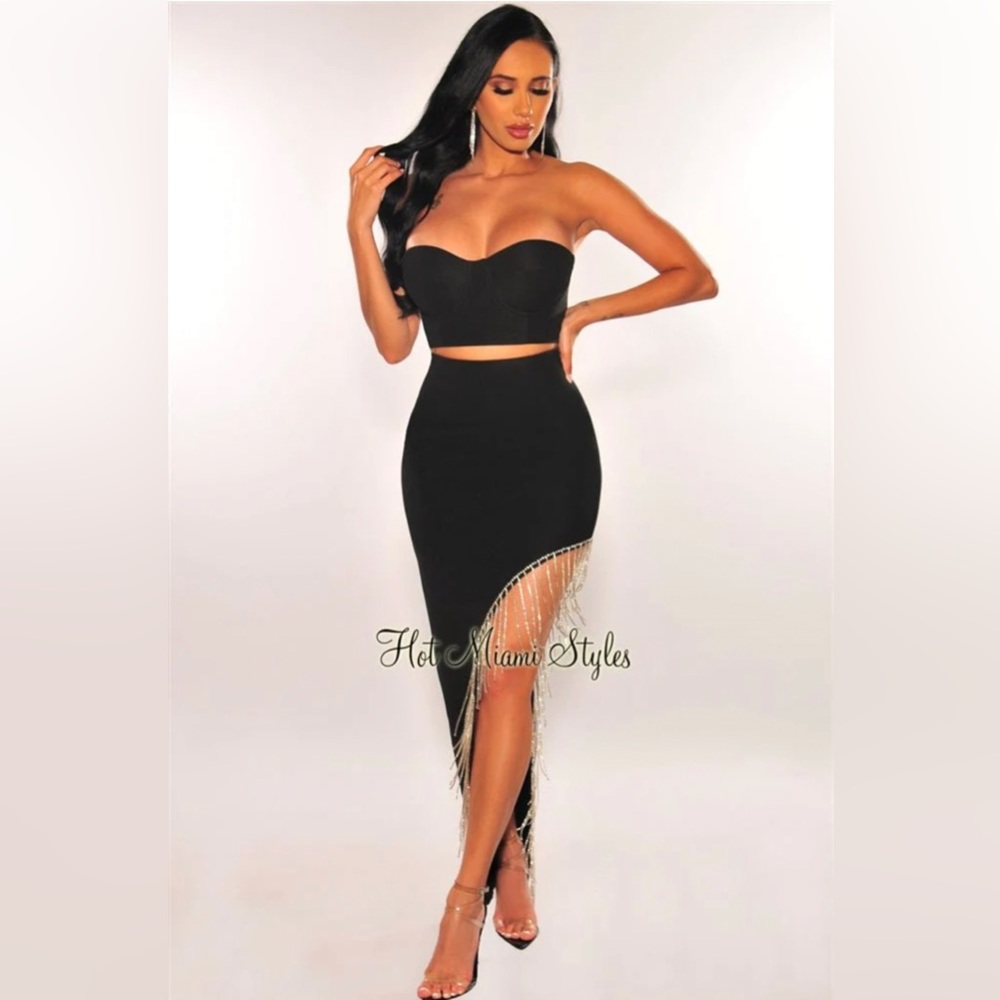 Hot Miami Styles Skirt Crop Top Set Rhinestone Fringe NWT